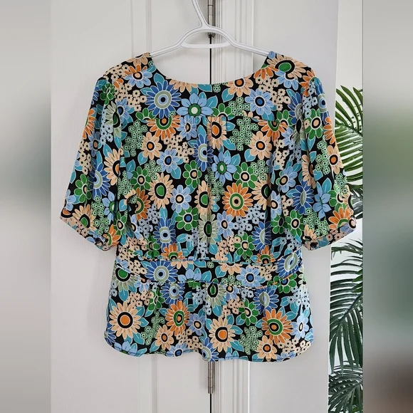CAbi Floral Print Women's Blouse - Blue, Green, Orange - Picture 2 of 4